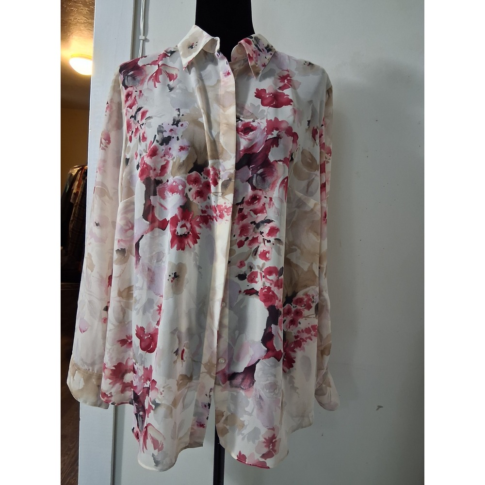 Chaps Womens 1X Floral Button Down Blouse Pleated Back Long Sleeve Cream Pink
